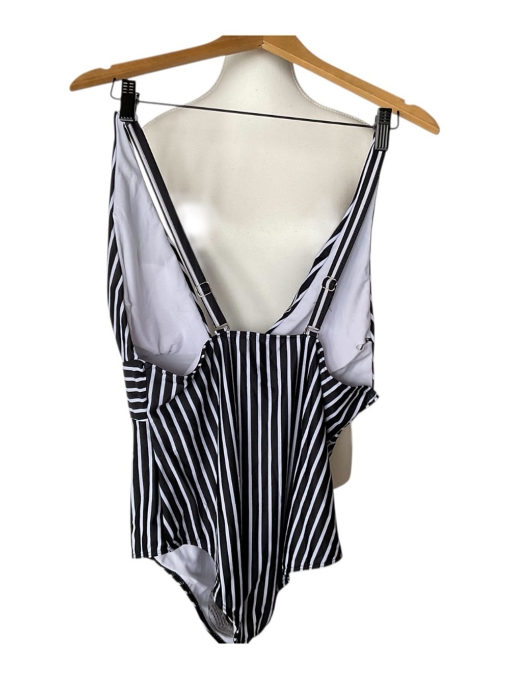 Black White Striped One Piece Swimsuit XL Plunge V Neck - Picture 3 of 4